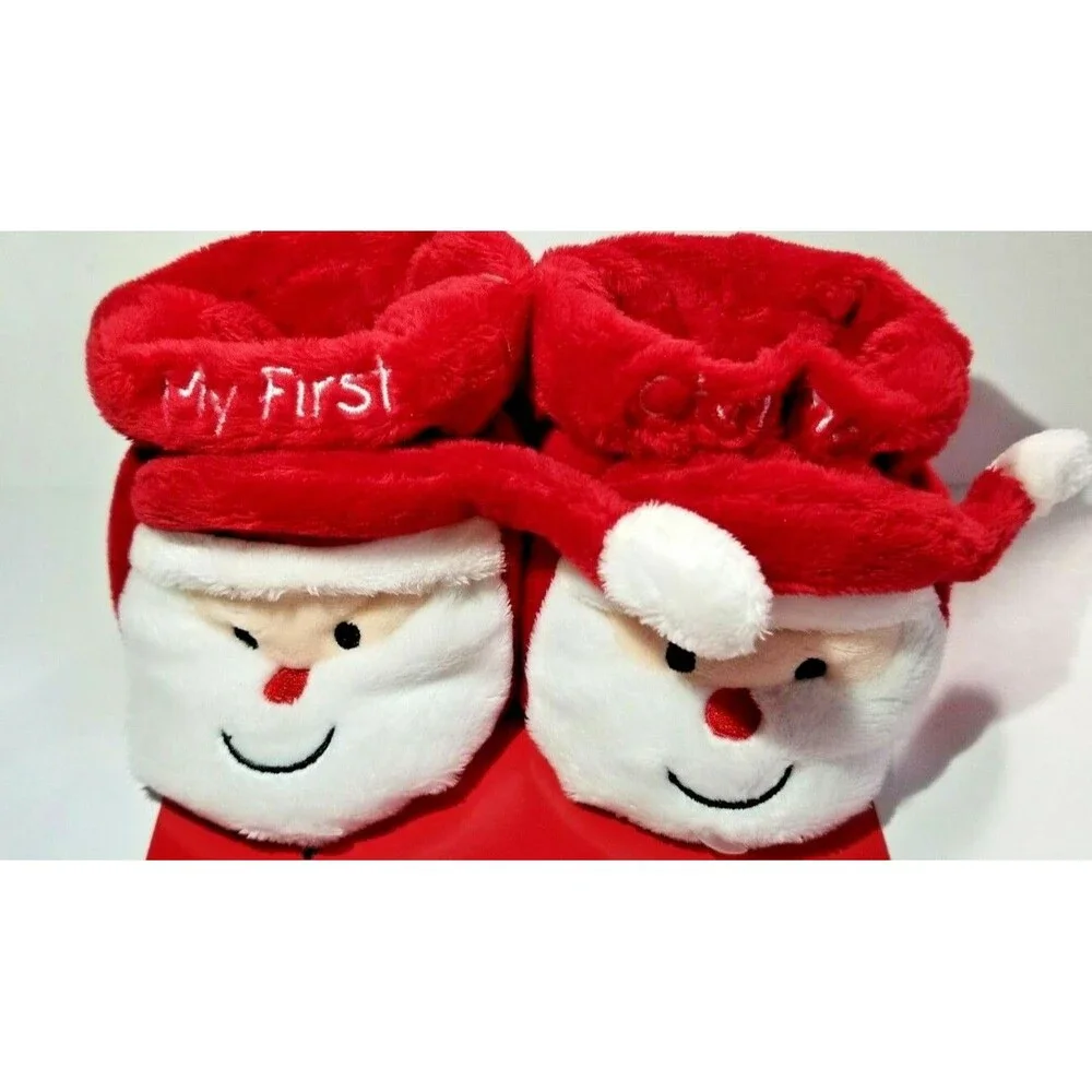 Baby Booties Red & White Soft Adorable Plush My First Christmas Santa Holiday